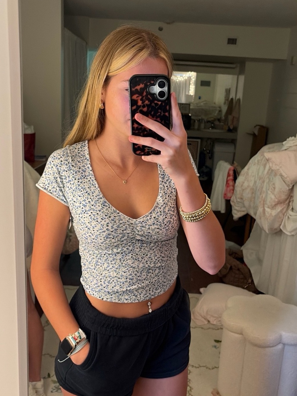 Brandy Melville White Floral V-Neck Crop Top with Blue Print